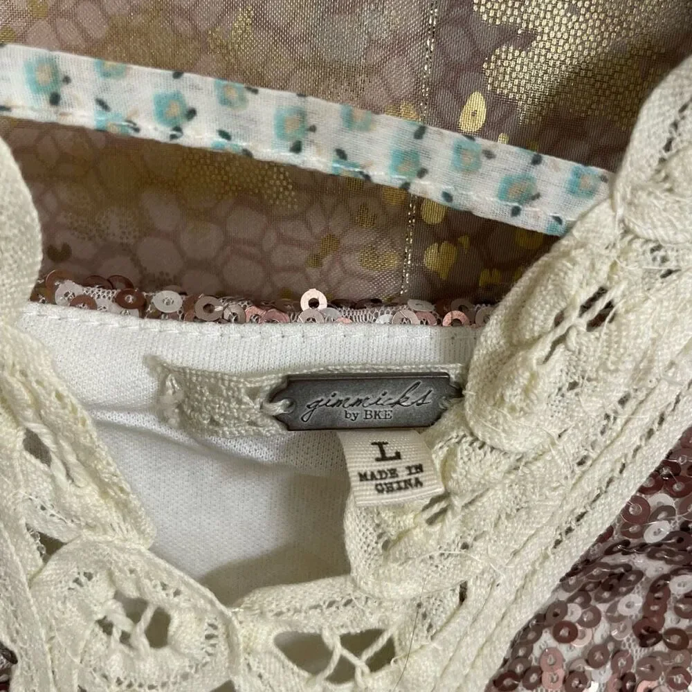 BKE Gimmicks Rose Sequin Ruffle Glam Western Tank Top Blouse Large - Picture 4 of 6